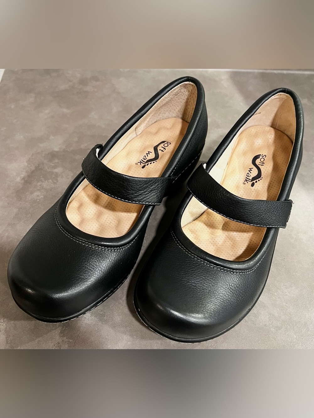 SoftWalk Black Leather Mary Jane Comfort Clogs With Strap